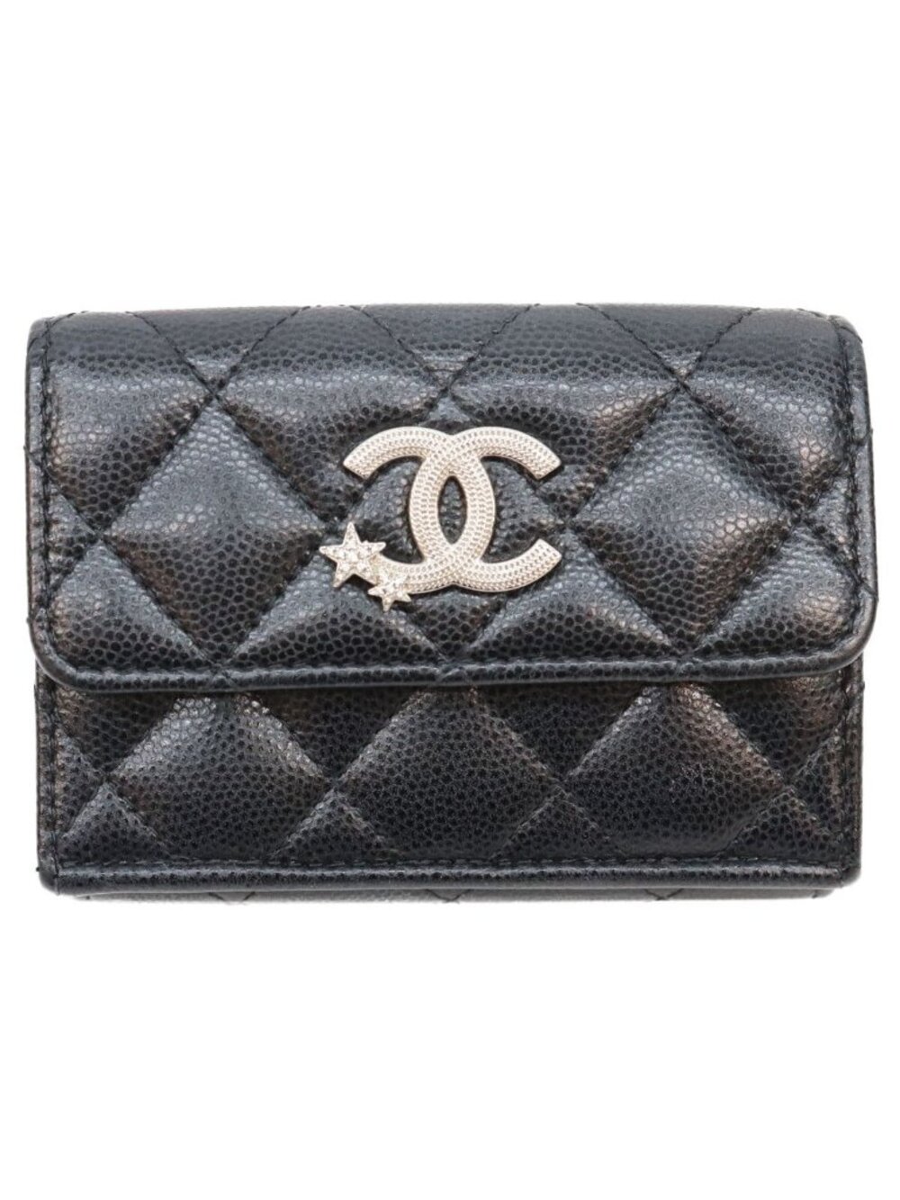 Chanel Black CC Logo Star Caviar Leather Silver Trifold Wallet